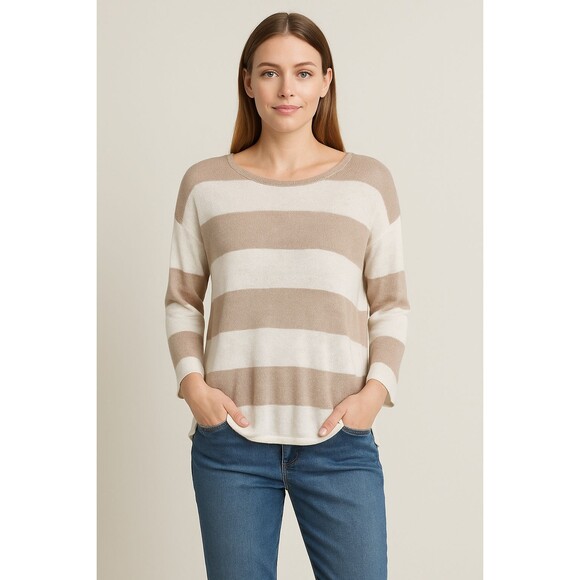 Eileen Fisher Beige Organic Linen Sweater Women’s Neutral Stripe 3/4 Sleeve - Picture 1 of 7